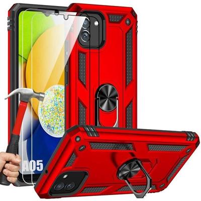 Protective Case - BOOLING - Samsung Galaxy A05 - Red - 360° Ring Stand - 2 Tempered Glasses