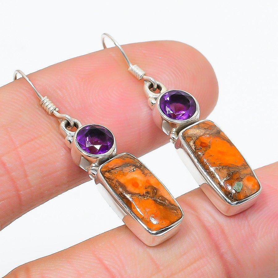 Natural Orange Copper Turquoise 925 Solid Sterling Silver Earring 1.50" M2z94
