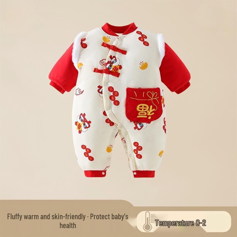 Winter Chinese Style Baby Romper - Thickened Warm Pure Cotton Newborn Jumpsuit 90 cm красный