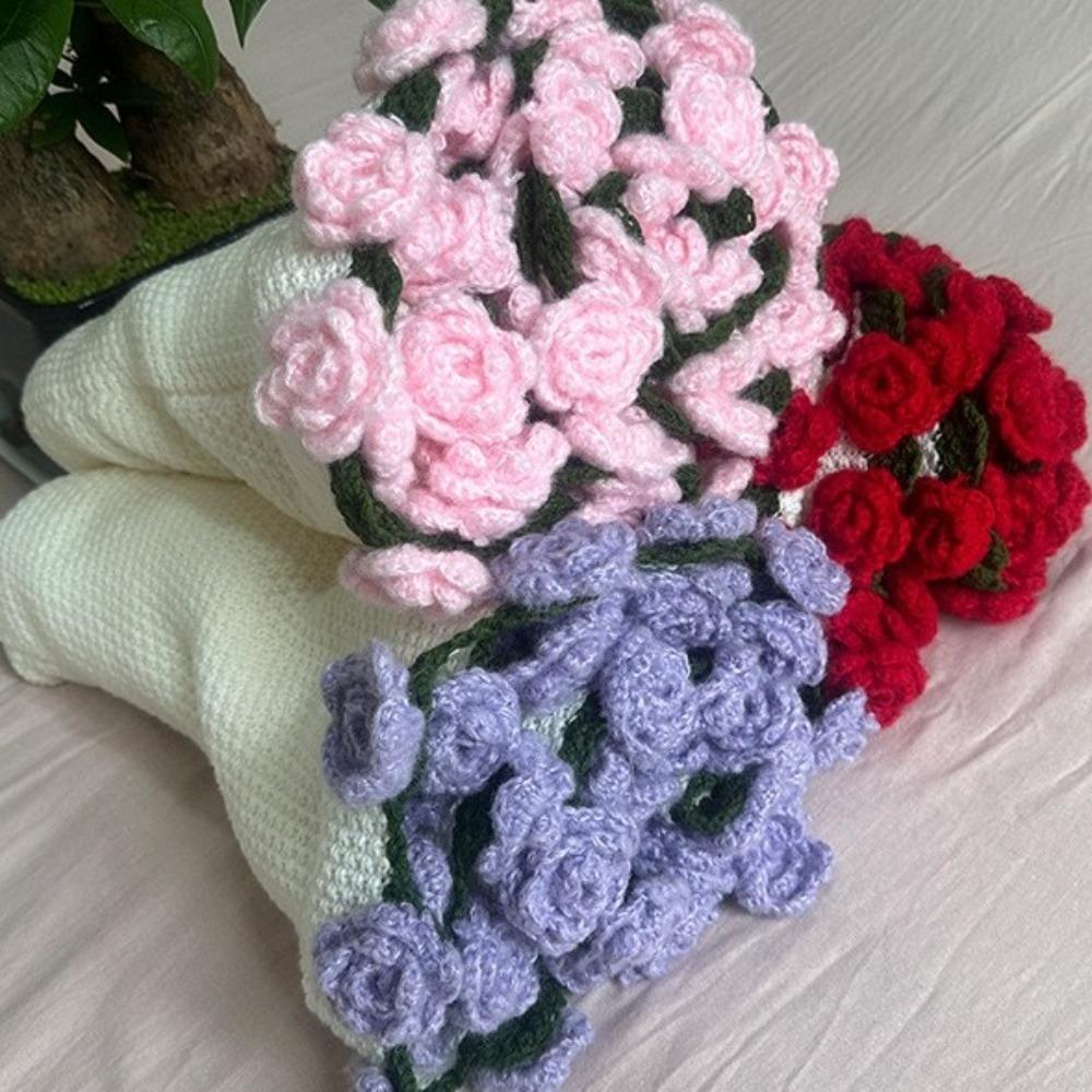 Creative Crochet Rose Bouquet Blanket Finished Soft Knitted Flower Blanket Fashion Rose Nap Blanket For Girlfriend and Mom Gift