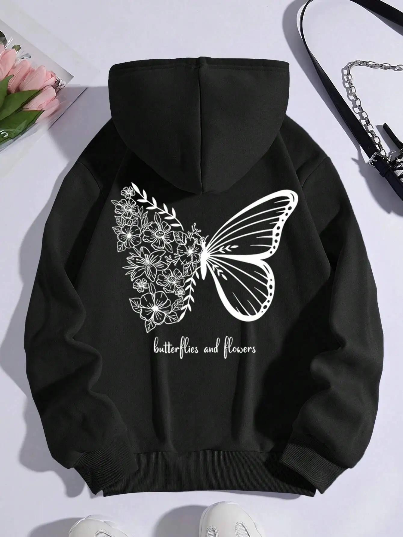 Butterfly and Flower Minimalist Style Men s Hoodie Fashion Round Neck Sweatshirt Casual Super Large Hoodie Autumn Sportswear S