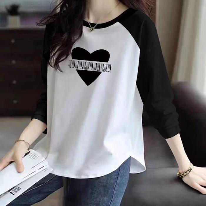 Women's Raglan Sleeve Curved Pullover Top with Back Neck Ribbing - 200g Pure Cotton, Long Sleeve, Printed Design