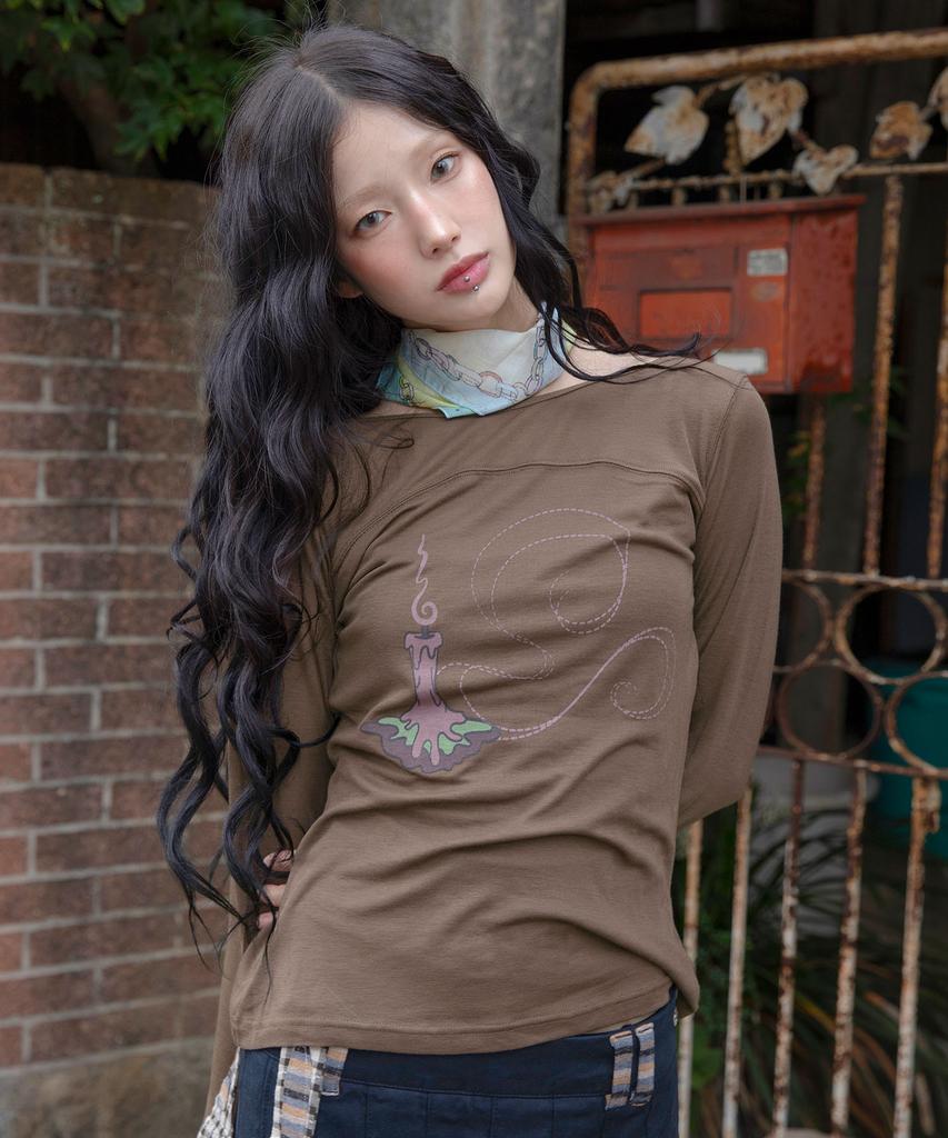RuNaKi'Hu' Wxt086 Kaori Fingerhole Boat Neck Long Sleeve (Brown)