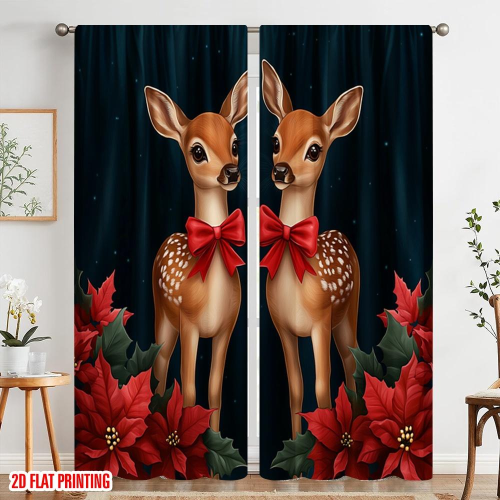 2pcs,2D plane printing Curtain Fabric Cute Fawns Christmas Poinsettias Versatile Polyester Fabric (without rod) Decorations