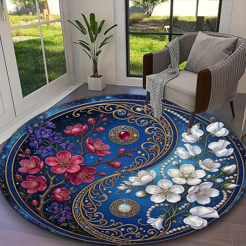 [Blue Balance Rose White Floral Views Printed Carpet] Non-slip Office Rug, Cozy Round Carprt for Living Room Use, Soft Home Sofa Chair Mat