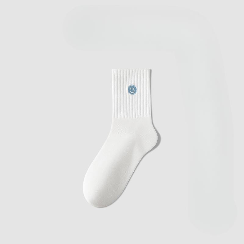 Female Spring and Autumn Pure Cotton Smiling Face Embroidery In The Tube Socks