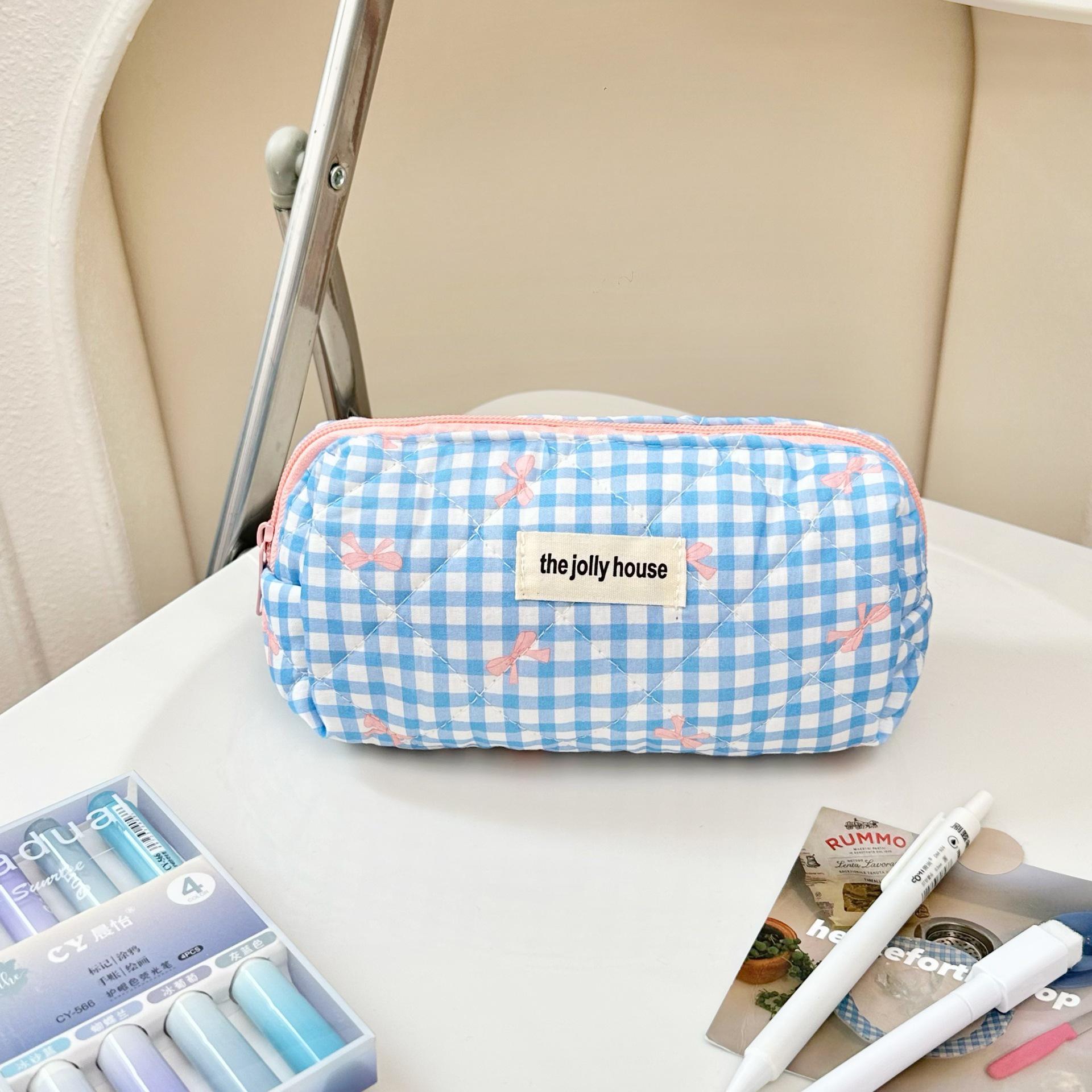 

Пенал в клетку в корейском стиле с бантом - Милая, вместительная сумка для канцелярских принадлежностей Small