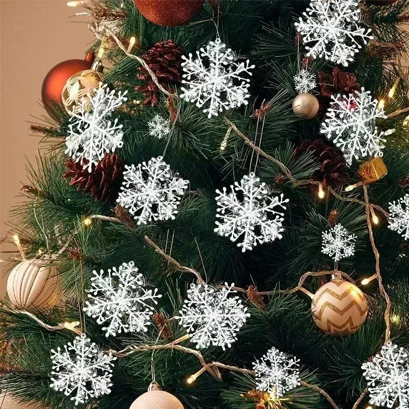 Plastic White Snowflakes Christmas Ornaments Xmas Tree Hanging Pendant Artificial Glitter Snow Flake Home DIY Wreath Decoration