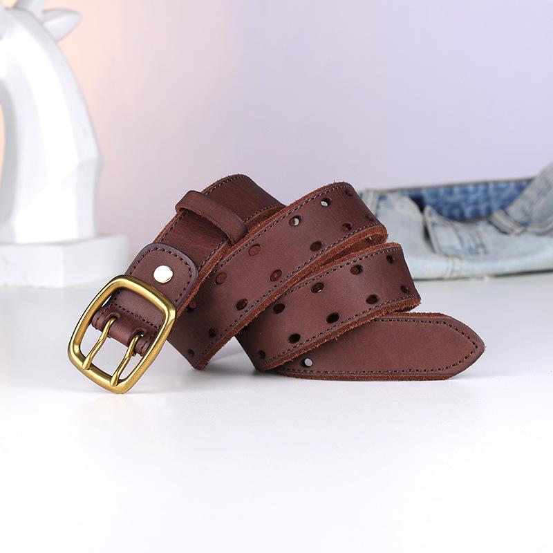 

Мужской ремень из коровьей кожи первого слоя, ремень с полыми отверстиями в два ряда, повседневный темперамент, ретро кожаный ремень, фабрика 130cm темно-коричневого