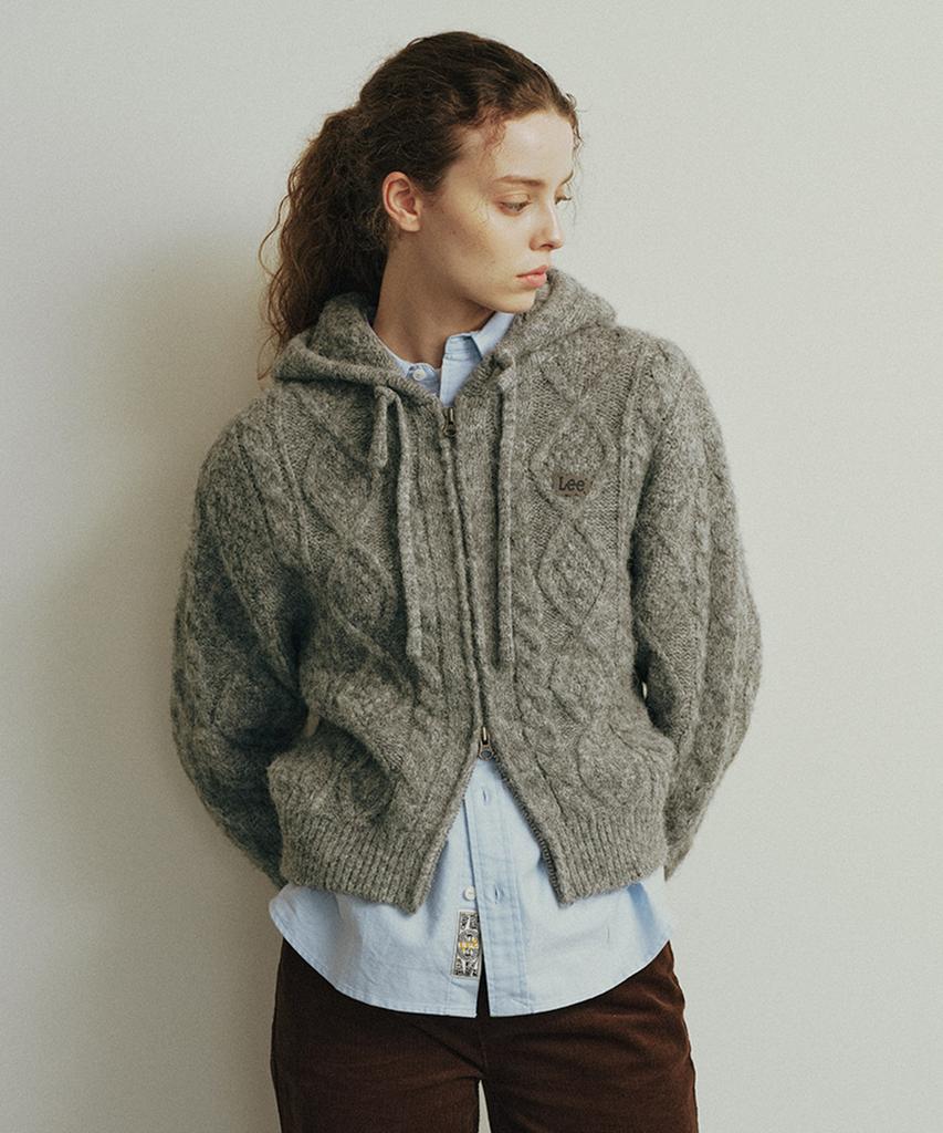 Lee Knit Zip-Up Hooded Cardigan Gray