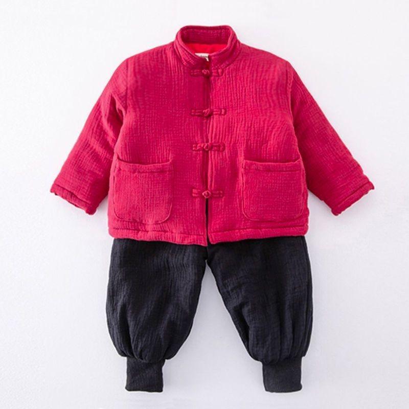 Girls  Festive Hanfu Tang Dynasty Winter Outfit - Floral Jacket & Cotton Baby Clothes for New Year. 120 Jacket & Pants