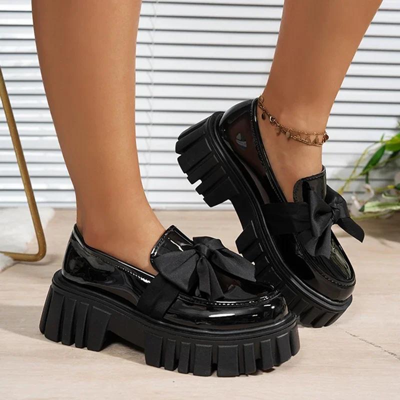 Fashion College Style Black Japan School Uniform Shoes Women Big Bowtie Chunky Platform Pumps Woman Thick Bottom Patent Leather Loafers