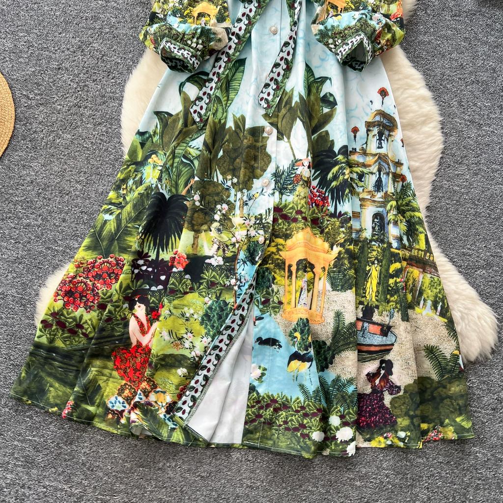Summer Autumn Women Vintage Print V-neck Full Sleeve Single Breasted Long Maxi Holiday Seaside Dresses