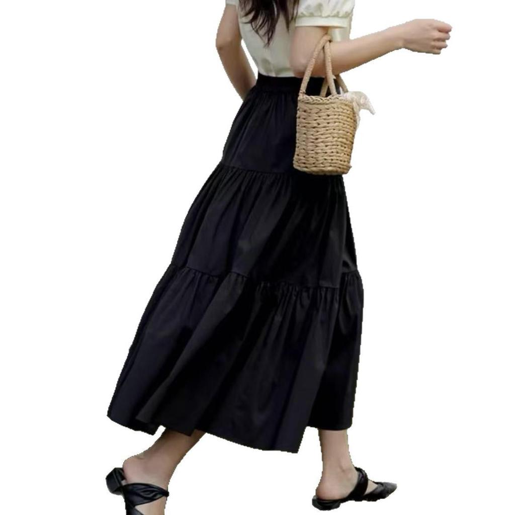 Versatile A-Line Black Midi Skirt for Women - Cotton & Rayon, Spring/Summer/Autumn 2025 Collection