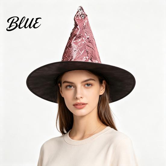 Wide Brim Witch Hat Reversible Sequin Hat Sparkly Glitter Large Wizard Halloween Costume Party for Cosplay Masquerade