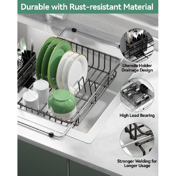 Expandable Dish Drying Rack for in-Sink, Over-Sink, and Counter Use, Dish Drainer with Removable Cutlery Holder, Space Saving & No Assembly Needed