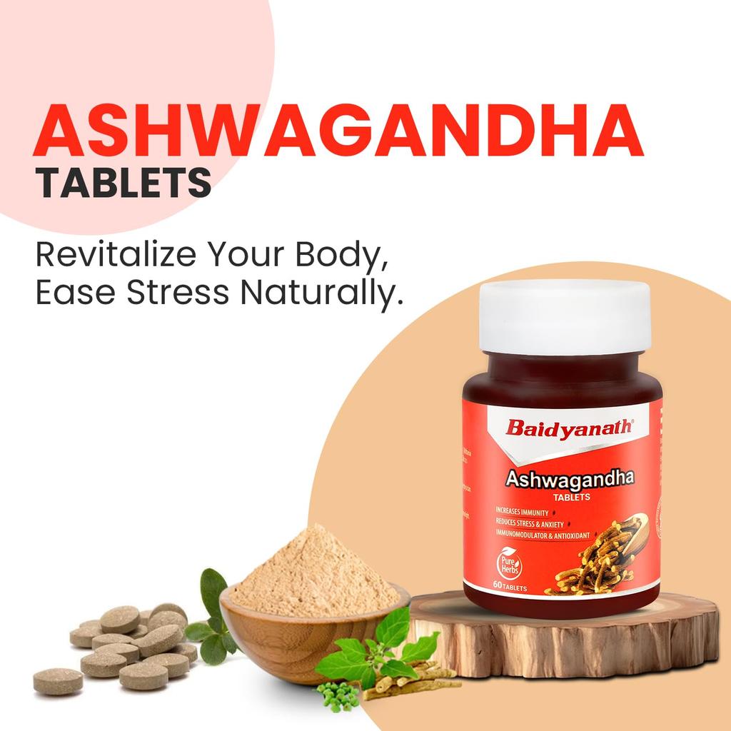Baidyanath Ashwagandha Tablets 60 Tabs X  Pack of 2 | Boost Vitality, Energy, Stress Relief & General Wellness Support