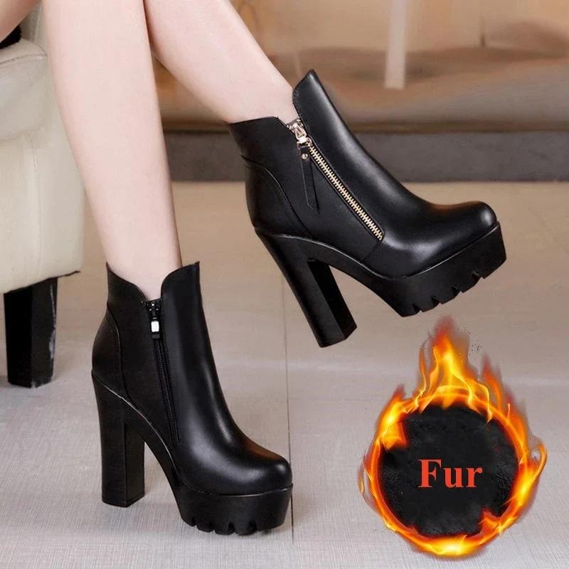 13cm Small Size 32-43 British Style Block High Heels Boots Platform Shoes 2025 Winter Thick Bottom Plush Ankle Boots Model Mom