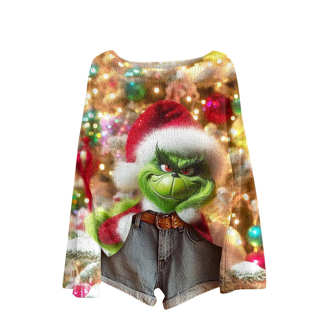 Women's Fashion Round Neck Long Sleeve Christmas Print Casual Knit Pullover Top