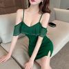 Work temperament famous daughter suspender one-word shoulder dress summer lotus leaf edge sexy and thin hip skirt woman