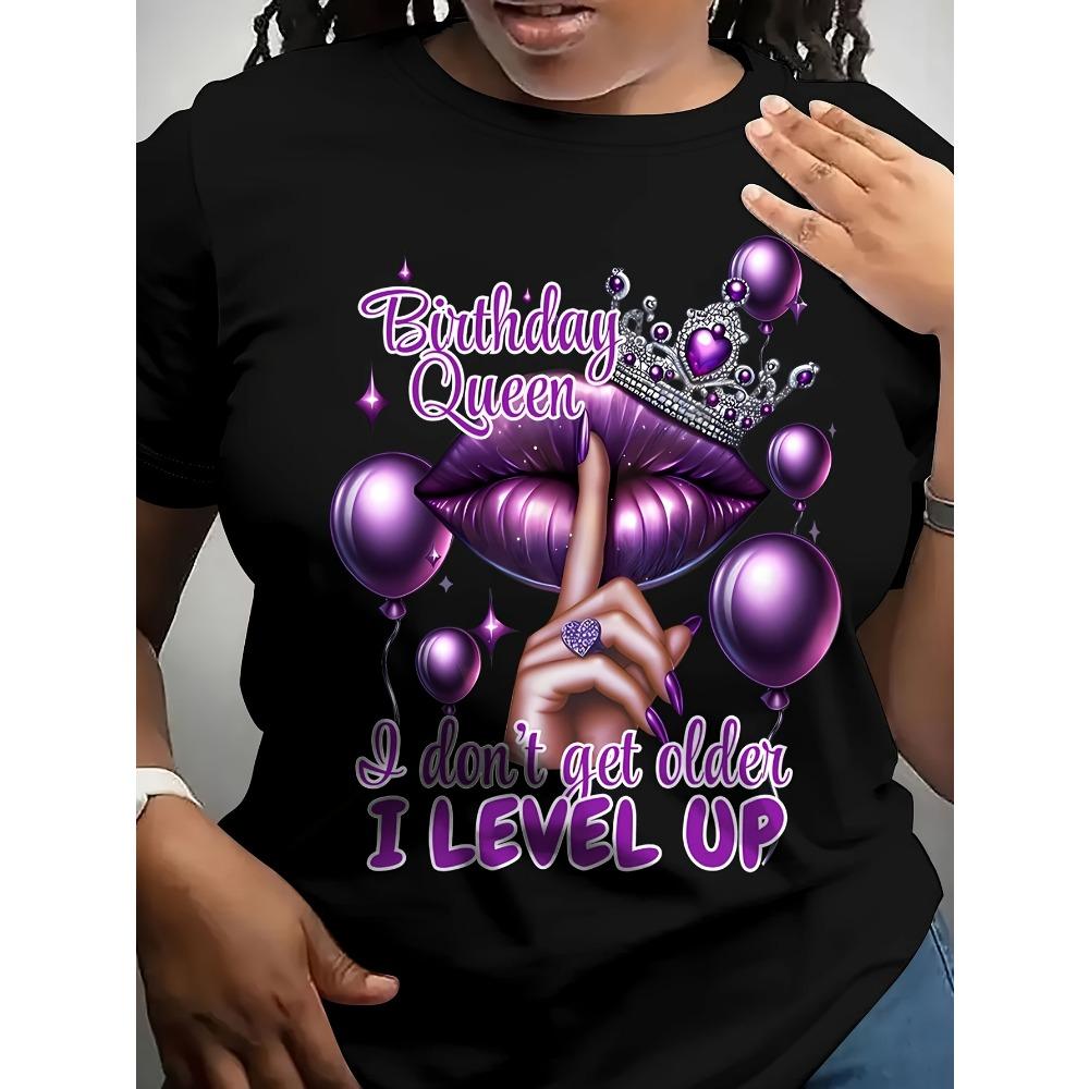 Birthday Queen Women's Tee, Purple Lips Crown Graphic White Top