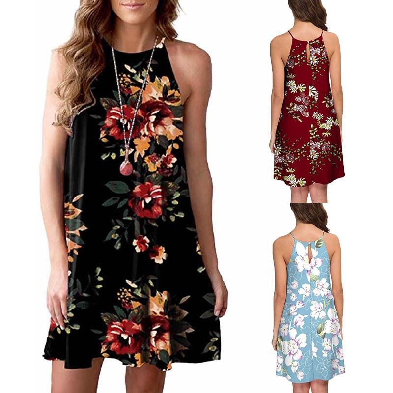 Elegant Women Fashion Splicing Color Print Hanging Neck Hem Mini Dress In Premium Quality Materials