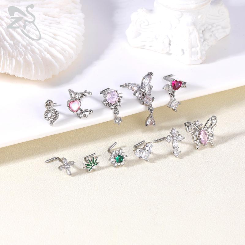 ZS 1 Piece Cute CZ Crystal Nose Stud 20G L Shaped Stainless Steel Nose Piercings Punk Black Color Spider Bat Nostril Piercing