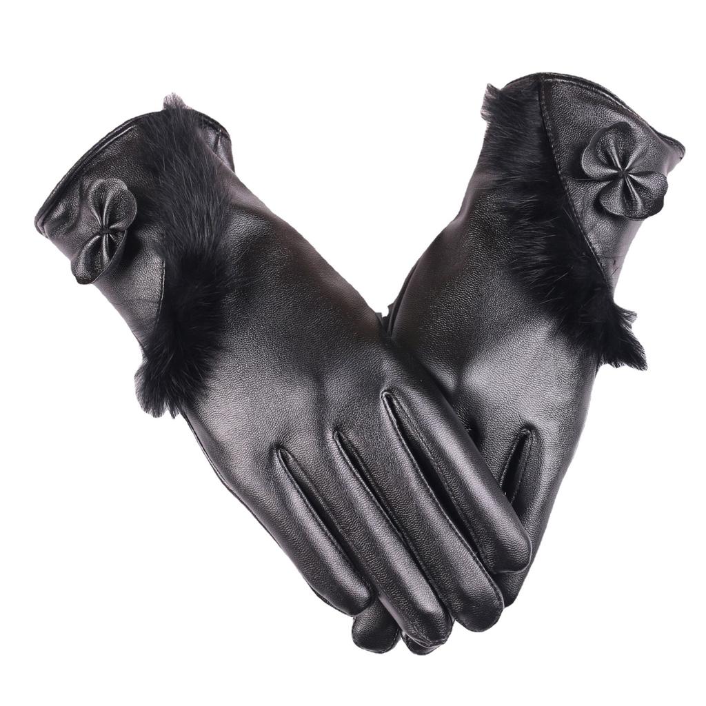 Women's PU Leather Touch Screen Gloves Imitation Leather Fashionable Warm Plus Velvet Cold Proof Women's Gloves Winter Riding Gloves