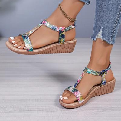 Fashion 2024 Women's Shoes Plus Size Women's Sandals Summer Peep Toe Daily Sandals Women Hot Sale Elastic Band Printing Wedge Sandals