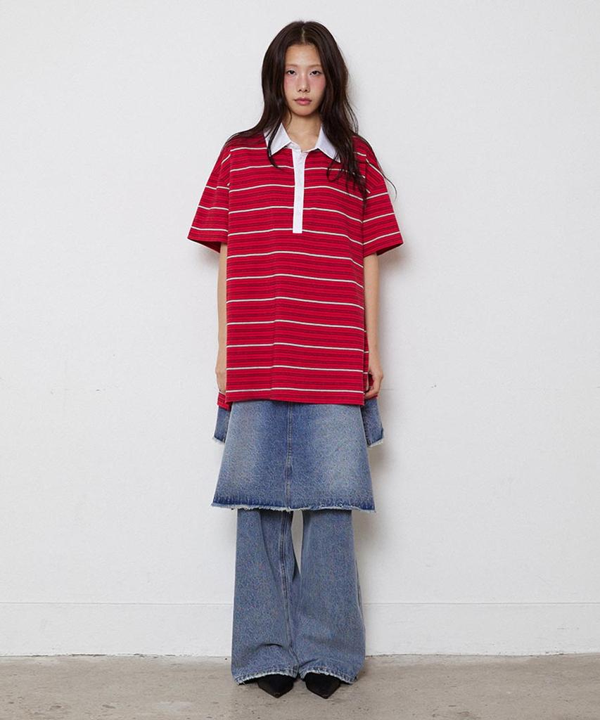 Lense Multi Stripe Rugby Collar T-Shirt Red