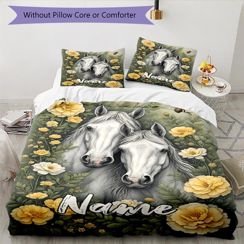 3pcs Custom Name Horse Bedding Set Duvet Cover Closure Includes 1 Duvet Cover & 2 Pillowcases, Soft and Comfortable for All Seasons.