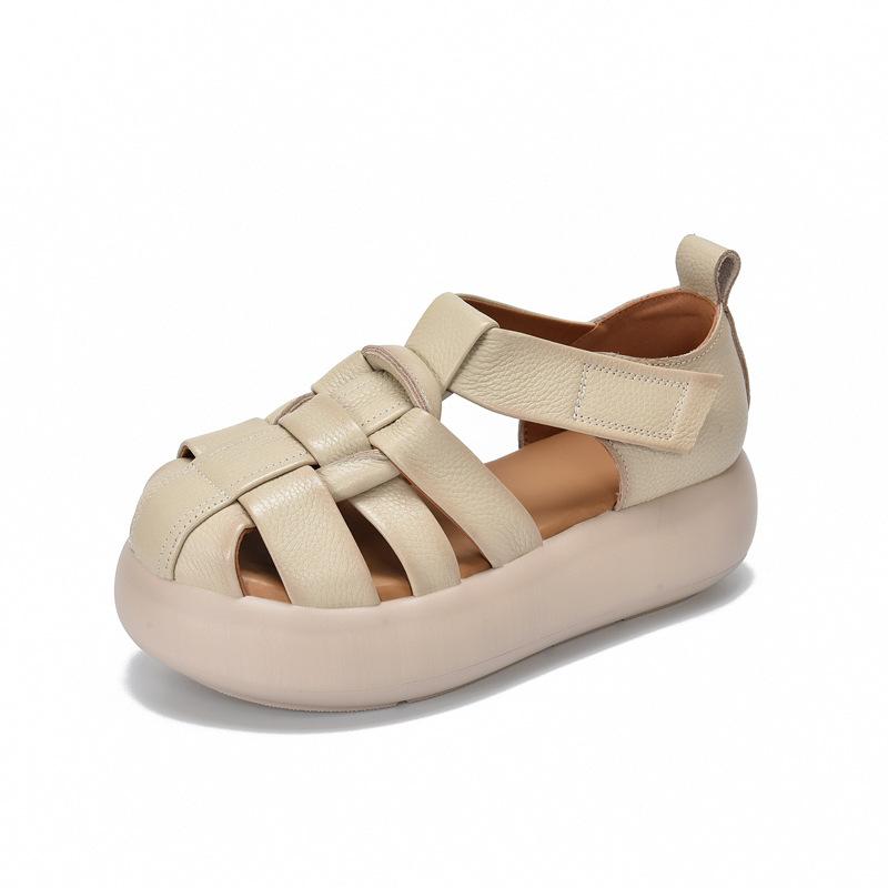 

Johnature Легкие сандалии на толстой подошве из натуральной кожи с перфорацией, женские туфли на плоской платформе из коровьей кожи 39 бежевый