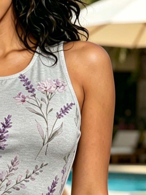 Botanical Lavender Floral Sleeveless Bodycon Mini Dress, Round Neck Slim Fit Casual Vacation Cover-Up