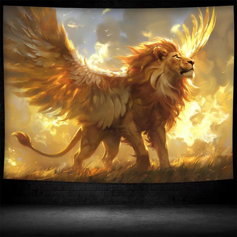 2D Fantasy Winged Golden Lion Tapestry Mythical Creature Wall Decor Cloth for Home & Bedroom