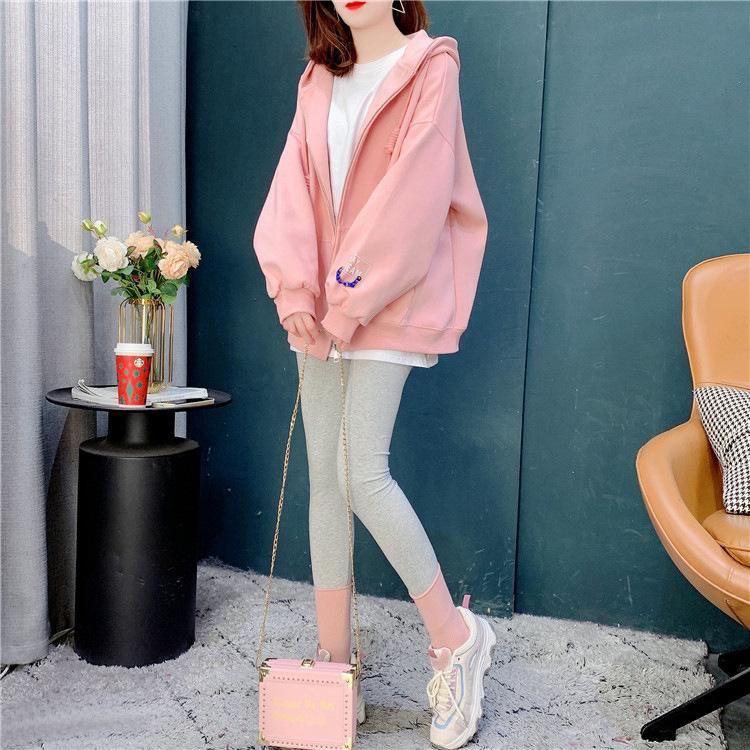 Solid Color Sweatshirt Cardigan Women's Thin Autumn Loose Sweatshirt Jacket Fashionable Long Sleeved Hooded Sweatshirt