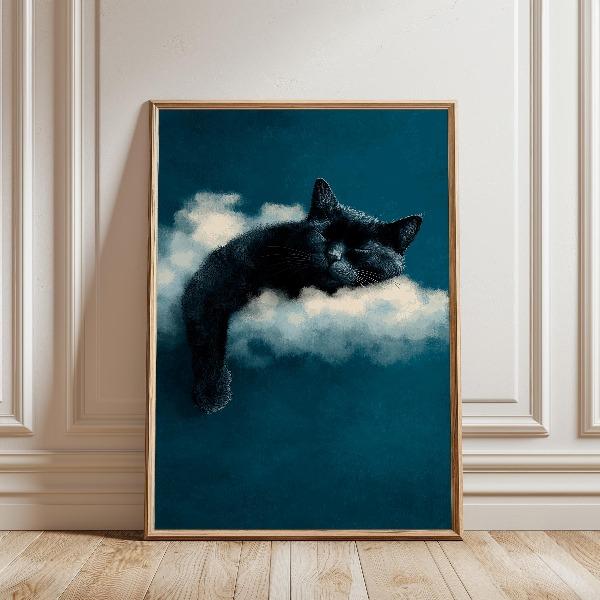 

Black Cat Sleeping on A Cloud Poster Abstract Modern Fantasy Funny Animal Canvas Painting Wall Art for Living Room Home Decor 21X30CMNo Framed