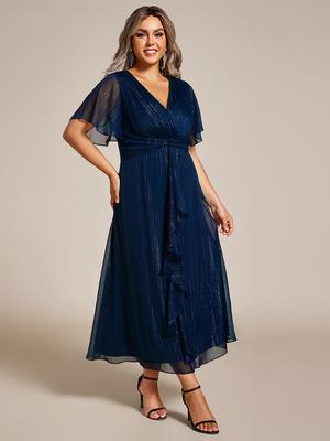 Ever-Pretty dámské svatební šaty pro hosty větší velikosti s krátkým rukávem A-Line s volánkovým lemem