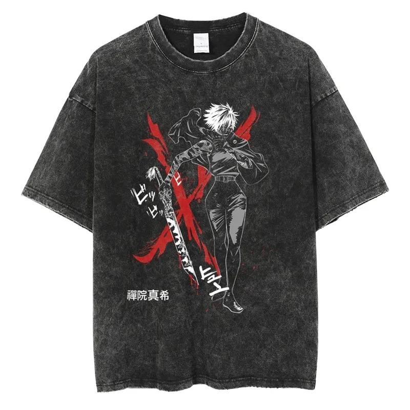 Jujutsu Kaisen Vintage Washed Men's T-shirt Oversized Tee Shirt Anime Manga Short Sleeved Harajuku Men Clothes Cotton High Quality Short Sleeves