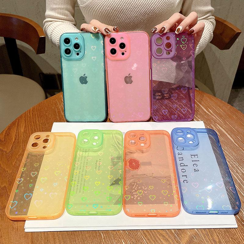 Fashion Gradient Laser Love Heart Clear Phone Case For Iphone 11 13 12 Pro Max X Xs Xr 7 8 Plus Candy Color Shockproof Back