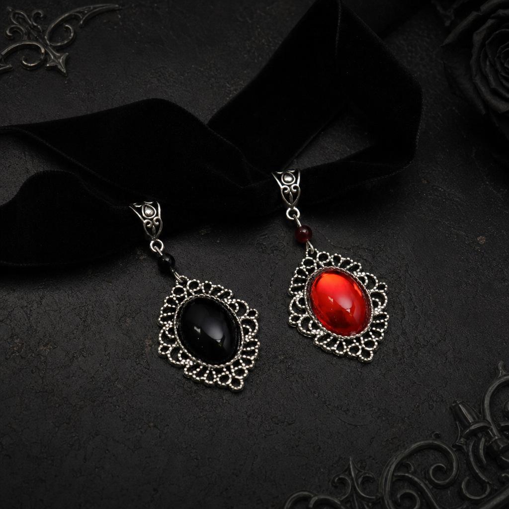 Victorian Gothic Silver Filigree Pendant Necklace with Red and Black Crystal Glass Velvet