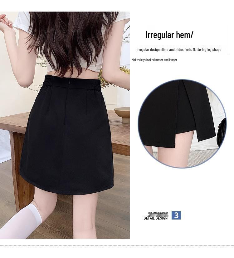 2024 Women's Black Slit Mini Skirt: A-Line Summer Fashion, Petite Fit, Hip-Hugging Design.