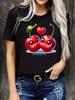 Women's Casual Cute Cartoon Cherries Heart Balloons Print Stretch Round Neck Tee for Valentine's Day Gifts Funny Graphic Tee