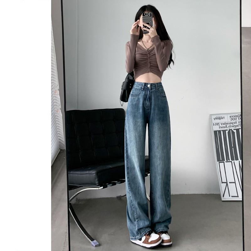 Womens High Waist Wide Leg Straight Cut Denim Pants Loose Fit Casual Trousers With Soft Drape Effect