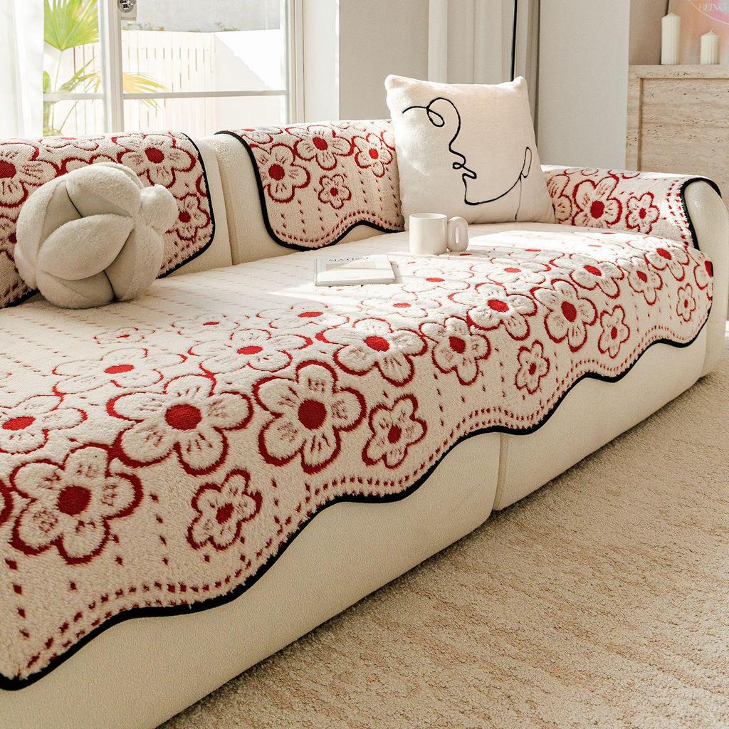 Shu Cotton Velvet Floral Jacquard Non-Slip Sofa Cushion, Thick Cream Style Cover for Autumn/Winter 2025