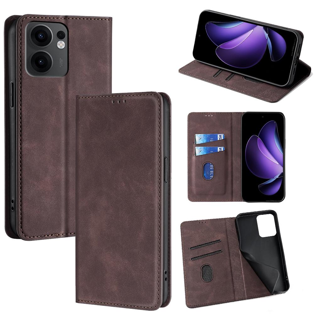 

For Oppo Reno13 F 5G/4G Card Holder Case PU Leather Magnetic Closing Phone Cover Dark Brown