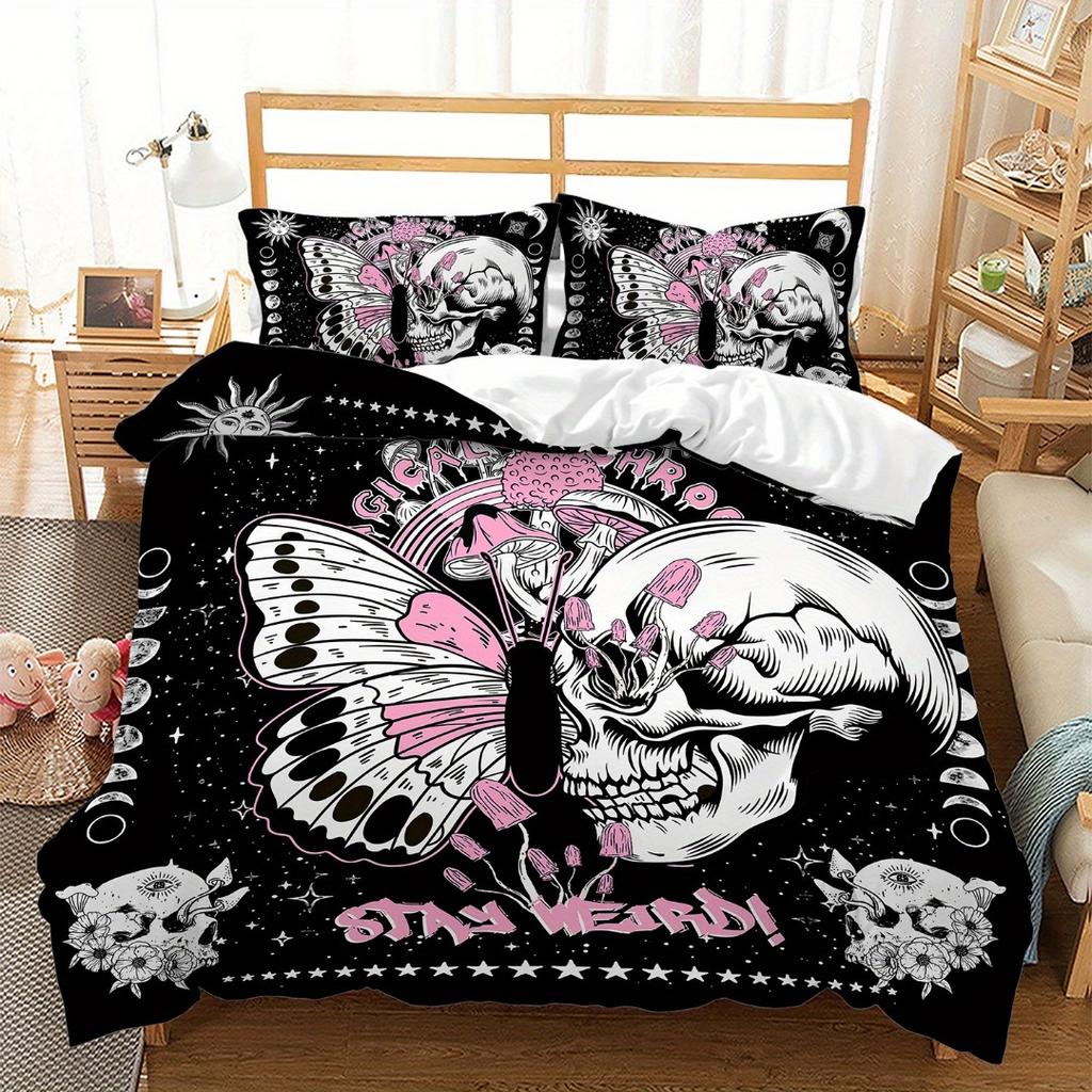Skeleton Butterful 3D Printed Bedding Set Halloween Gothic Style Polyester Comfortable King Queen Twin Size For Birthday Gifts