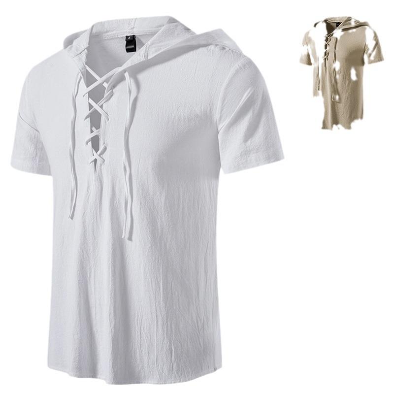 Camisa de Manga Corta para Hombre de Algodón y Lino Camisa de Manga Corta con Capucha de Algodón Playa Yoga Casual Camisa de Verano