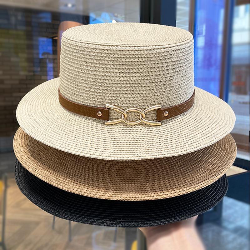 Elegant Belt Buckle Flat Top Sun Hat Children's Summer Travel Versatile Straw Hat Holiday British Sunscreen Top Hat