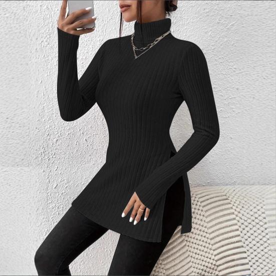 Women Knitting Tops High Collar Long Sleeve Slim Fit Sweater Tops Mid-length Side Split Design Solid Color Ribbed Tops