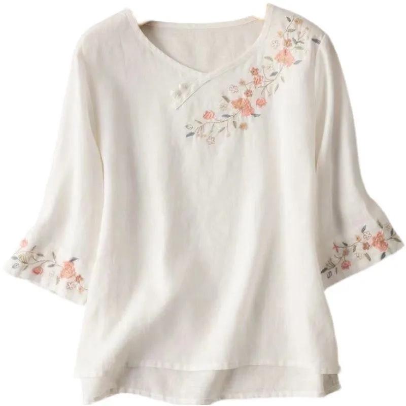 Women's Cotton-Linen Embroidered T-Shirt: Autumn 2024 Loose Fit, Belly-Covering, Slim Round Neck, 3/4 Sleeves